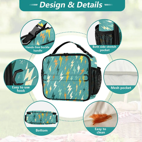 Lightning Bolt Insulated Lunch Bag For Kids And Adults Portable Cooler Tote With Shoulder Strap High Grade Polyester Thermal Retention Aluminum Lining Spacious Main Compartment And Side Mesh Pockets Ideal For School Office Travel, teal lightning print