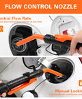 Cordless fuel transfer pump with orange/black handheld nozzle; flow-control nozzle inserted into car fuel filler, portable