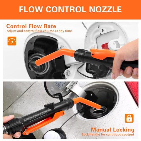 Cordless fuel transfer pump with orange/black handheld nozzle; flow-control nozzle inserted into car fuel filler, portable
