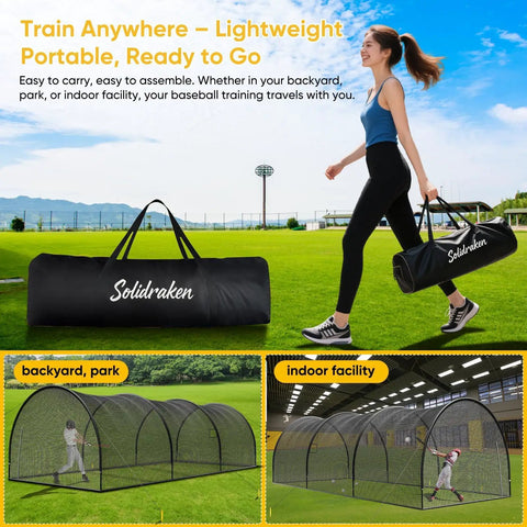 Person carrying Backyard Ready Baseball And Softball Batting Cage With Enclosed Net And 12 By 12 Pitching Hole in carry bag