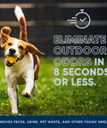 Dog running on grass with a ball, promoting 'Outdoor Odor Eliminator For Pets Enzyme Cleaner That Tackles Dog Urine On Yards'