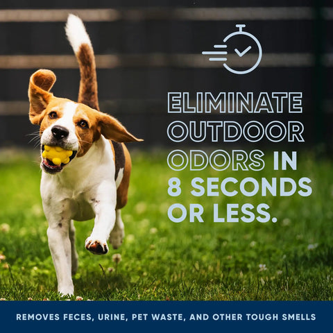 Dog running on grass with a ball, promoting 'Outdoor Odor Eliminator For Pets Enzyme Cleaner That Tackles Dog Urine On Yards'
