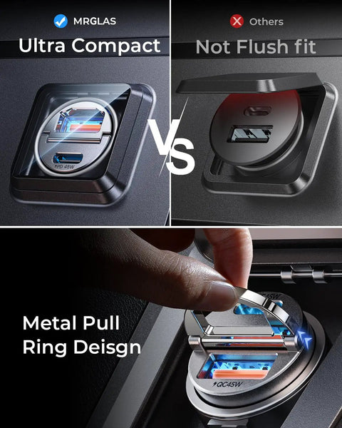 90W USB C Car Charger Fast Charging With PD45W And QC45W Dual Ports, compact metal design, side view in car lighter socket