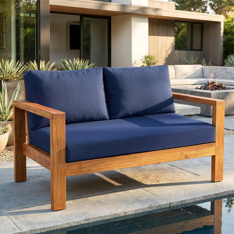 Outdoor Loveseat Cushion Set for Patio Comfort Cozy Up Your Outdoor Space 46 by 26 Inch Deep Seat Cushions Waterproof and Fade Resistant Navy Blue for Wicker Bench Swing and Couch Outdoor Furniture on wooden loveseat