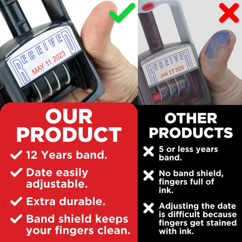 Self Inking Date Stamp With Received Phrase showing date adjustment feature and clean shield finger guard, hands-on demonstration.