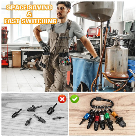 Technician with 12 Piece HVAC Swage Tool Set With Bit Holder For Copper Pipe Expansion; tool bits shown in use and organized.