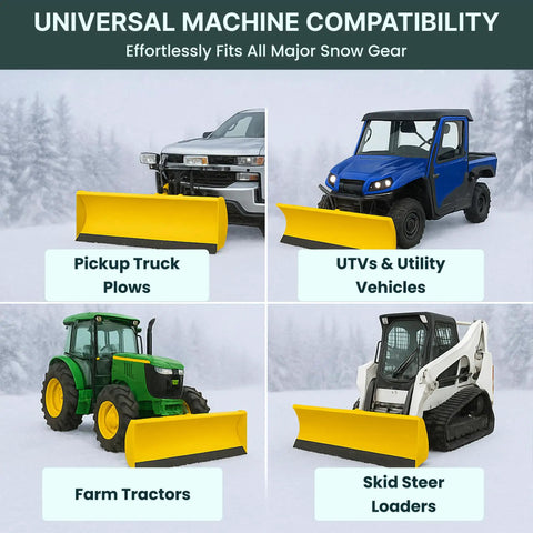 Heavy Duty Snow Plow Rubber Cutting Edge 96 By 6 Inches For Pickup Trucks And Tractors shown on various vehicles.