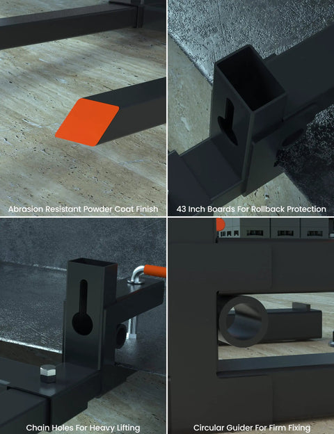 Close-up of Beefy 43 Inch Clamp On Pallet Forks For Skid Steer 2000 Lb Capacity Heavy Duty Carbon Steel showing board and chain details