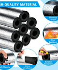 8 Piece Self Adhesive Foam Pipe Insulation Wrap Set With Aluminum Foil Covers showing cut section and uses for weatherproofing.