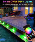 Outdoor view of 30 Pack 1.22 Inch Low Voltage RGBW Deck Lights With WiFi App And Voice Control on wooden deck with smartphone app