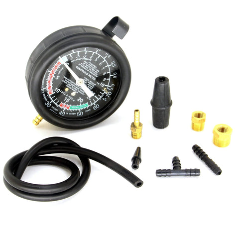 HFS fuel pump tester gauge kit with black round gauge, hose, and brass adapters.