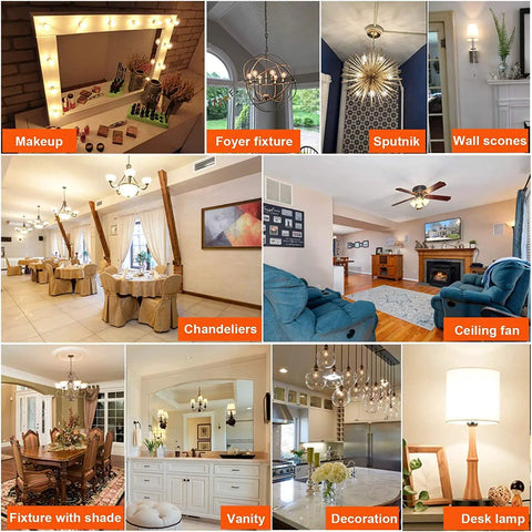 Different lighting setups showcasing the use of Dimmable LED Bulb E12 Candelabra, 6W 60W Equivalent, in various fixtures.