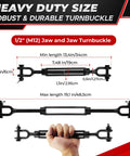 Heavy Duty Jaw And Jaw Turnbuckle Set 2 Pack Half Inch By 13.4 Inch For Wire Rope Tension 2200 Lbs Weather Resistant