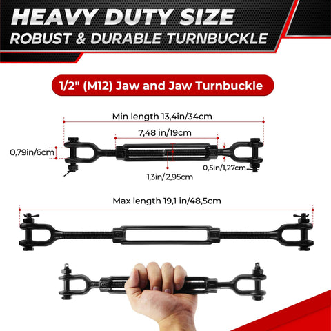 Heavy Duty Jaw And Jaw Turnbuckle Set 2 Pack Half Inch By 13.4 Inch For Wire Rope Tension 2200 Lbs Weather Resistant