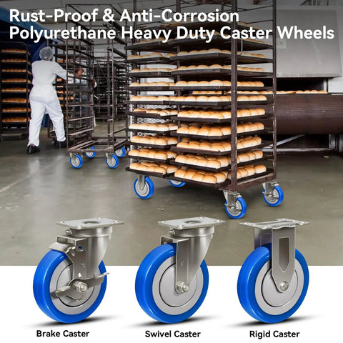 Tough As Nails Five Inch Stainless Steel Casters Smooth As Butter Polyurethane Wheels Built Like A Tank Industrial Swivel Set Anti Corrosion Rust Proof Plate shown with bakery rack.