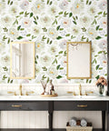 Swoon Worthy Green Floral Peel And Stick Wallpaper For Epic Boho Wall Upgrades With Chill Self Adhesive Botanics Serving Major Room Vibes And Super Easy Removable DIY Decor Rolls in bathroom setting.
