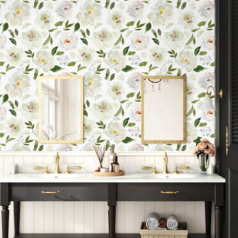 Swoon Worthy Green Floral Peel And Stick Wallpaper For Epic Boho Wall Upgrades With Chill Self Adhesive Botanics Serving Major Room Vibes And Super Easy Removable DIY Decor Rolls in bathroom setting.
