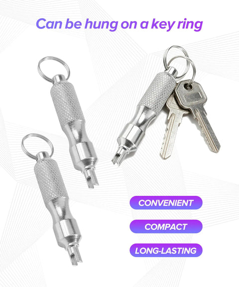 Two Piece Valve Stem Removal Tool Set Stainless Steel Tire Core Remover For Cars Motorcycles Trucks And Bicycles Portable Keychain Style Car Accessory For Standard Valve Cores with keys attached