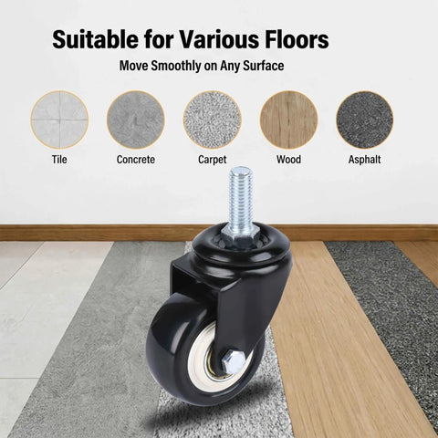 Heavy Duty Swivel Caster Set Of 4 With 2 Inch Wheels And M10 Threaded Stem For Shelving and Cart Mods on various floors.