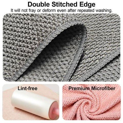 Close-up of grey and pink Four Pack Microfiber Coffee Cleaning Towels Set 12x12 Inches with hanging loop, highlighting texture.