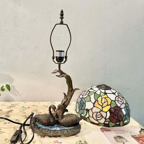 Rose Flowers Tiffany Style Stained Glass Table Lamp With Swan Mosaic Base For Bedside Or Living Room 21 Inches Tall Handmade