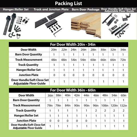 Packing list for Black Rustic Non-Bypass Sliding Barn Door Hardware Kit including components and door width details.