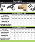 Packing list for Heavy Duty Black Sliding Barn Door Hardware Kit showing components and measurements for different door widths.