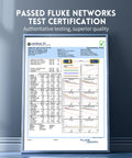 Passed Fluke Networks test certificate displayed in a frame, validating quality and performance for Shielded Cat7 Ethernet Patch Cable 50 Ft White Flat Internet Cable with Snagless RJ45 Connectors for Modem Router LAN and PC High Speed Data Durable Shielding Includes Free Clips and Straps
