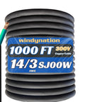 Tough As Nails 1000 Ft 14/3 Sjoow Cable Cord 14 Awg Three Conductor So Wire 300V Portable Power Extension Cable For Ev Chargers Motor Leads Outdoor Project Lighting Fixtures, close-up view of SJOOW cable roll.