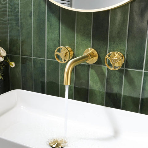 Brushed Gold Wall Mount Bathroom Faucet With Vintage Widespread Design, Dual Round Handles, flowing water into vessel sink