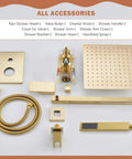 HoliSpa Brushed Gold Shower System components with 10-inch rain head and handheld spray, valve trim.