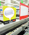100 Pack Self Adhesive Sneeze Guard Clips for clear acrylic sign holders holding price tags in retail display.
