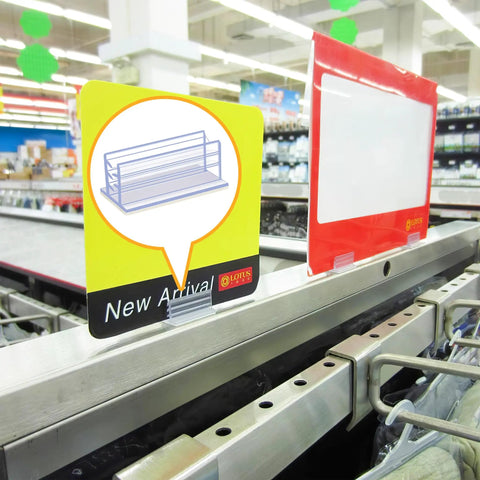 100 Pack Self Adhesive Sneeze Guard Clips for clear acrylic sign holders holding price tags in retail display.
