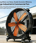 Heavy Duty Mobile Industrial Fan Using Permanent Magnet Brushless Tech And Smooth Rolling Locking Casters Delivers Badass Cooling Power To Heat Soaked Warehouses And Garages All Day, large commercial fan with orange blades.