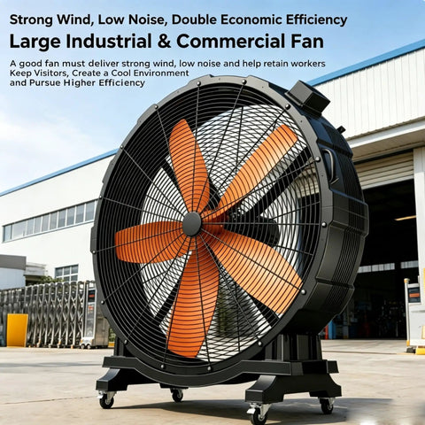 Heavy Duty Mobile Industrial Fan Using Permanent Magnet Brushless Tech And Smooth Rolling Locking Casters Delivers Badass Cooling Power To Heat Soaked Warehouses And Garages All Day, large commercial fan with orange blades.
