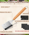 Six-Piece Bristle-Free Grill Cleaning Kit with wooden handle, steel scraper, and mesh heads, ideal for BBQ maintenance.