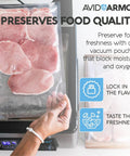 Person holding Chamber Vacuum Sealer Pouches Set Pro Grade 3.5 Mil Heavy Duty BPA Free Bags with meat inside.