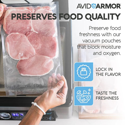 Person holding Chamber Vacuum Sealer Pouches Set Pro Grade 3.5 Mil Heavy Duty BPA Free Bags with meat inside.