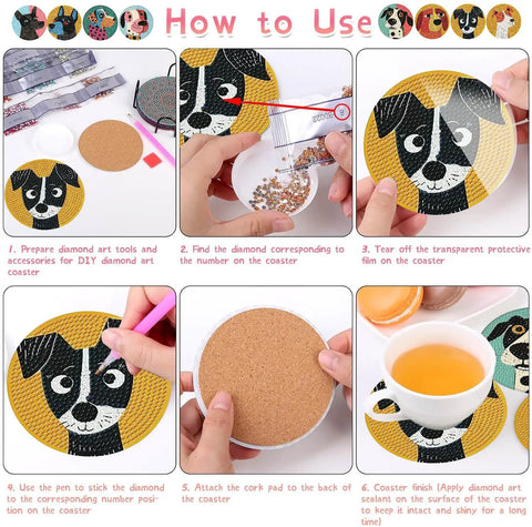 Instructions for 8 Pack Diamond Art Coaster Kit with Holder and Cork Pads, 5D DIY Puppy Diamond Painting Coasters for Adults and Beginners