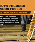 Built Rugged Wood Screws Size 8 X 1.25 Inch With Torx T20 Star Drive And Type Seventeen Cutting Tip For Pressure Treated Lumber Tan Finish Includes Bonus Bit drives into wood, showcasing its Type-17 tip efficiency.
