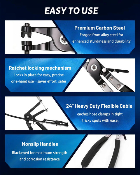 9 Piece Flexible Hose Clamp Pliers Set With 24 Inch Long Reach Swivel Jaw ClicR Type Pliers featuring carbon steel details