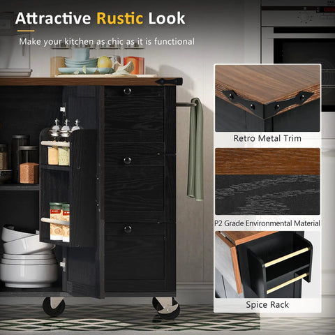 54 Inch Farmhouse Kitchen Cart Featuring A Nifty Power Outlet And Hefty Storage Space With Smooth Rolling Lockable Wheels And Sleek Black Finish in kitchen setting.