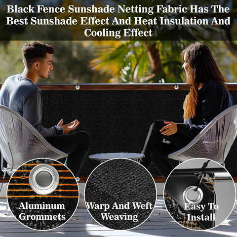 Black Fence Privacy Screen installed on balcony, showing HDPE mesh with aluminum grommets, delivers 95% shade and real privacy.