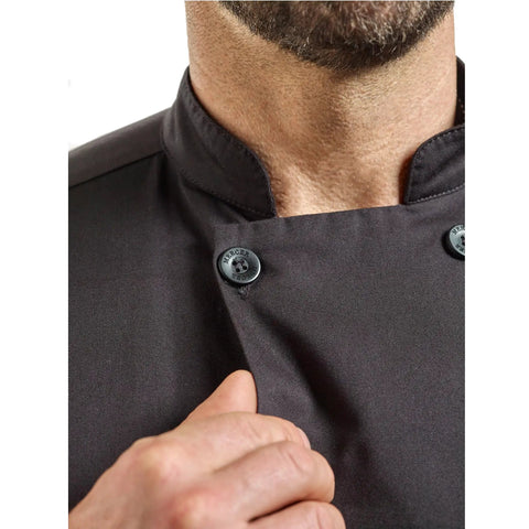 Close-up of Badass Short Sleeve Chef Jacket In Sharp Black features double breasted front and tough fabric in 2XL size.
