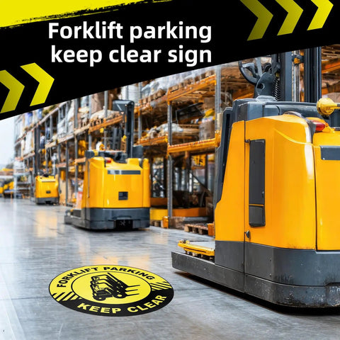5 Pack Forklift Parking Keep Clear Floor Signs, 17 Inch Adhesive Safety Stickers For Warehouse Shop Office, Heavy Duty Traffic Warning Decals, Clear Aisle Markers For Loading Zones And Safety Management on warehouse floor