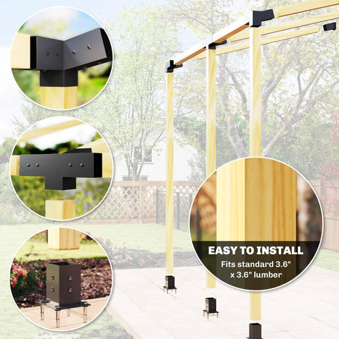15 Degree Sloped Pergola Kit With 4 Way And 3 Way Corner Brackets, Post Bases And Wall Mounts For 4X4 Lumber Actual 3.6x3.6, 9 Piece DIY Hardware Set With Screws, Black Finish Ready To Build Outdoor Lean To Frame