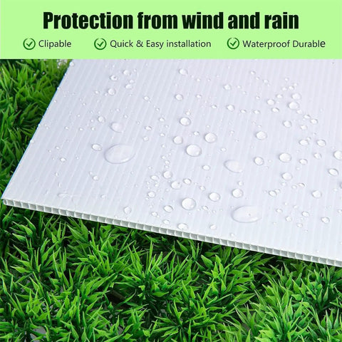 Close-up of Six Pack 24x18 White Lawn Yard Signs Corrugated Plastic with water droplets, showcasing weatherproof feature on grass.