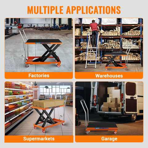 Rock Solid Hydraulic Lift Table Cart Featuring Single Scissor Platform Designed To Haul Serious Weight Up To 1100Lbs Rust Resistant Steel Build Plus Smooth Swivel Casters That Roll Through Any Tight Space Finished Bright Orange