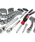 104 Piece Pro Grade Mechanic Tool Set With 20.5 Inch Rollaway Box And 3-Compartment Chest, including chrome sockets and ratchets
