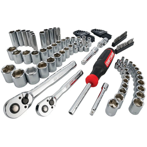 104 Piece Pro Grade Mechanic Tool Set With 20.5 Inch Rollaway Box And 3-Compartment Chest, including chrome sockets and ratchets